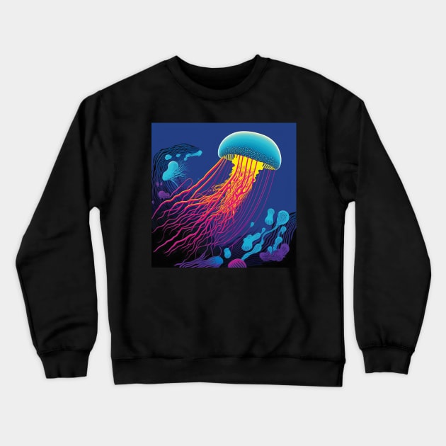 Blue, Pink and Yellow Jellyfish Swimming Underwater in the Ocean Crewneck Sweatshirt by Geminiartstudio